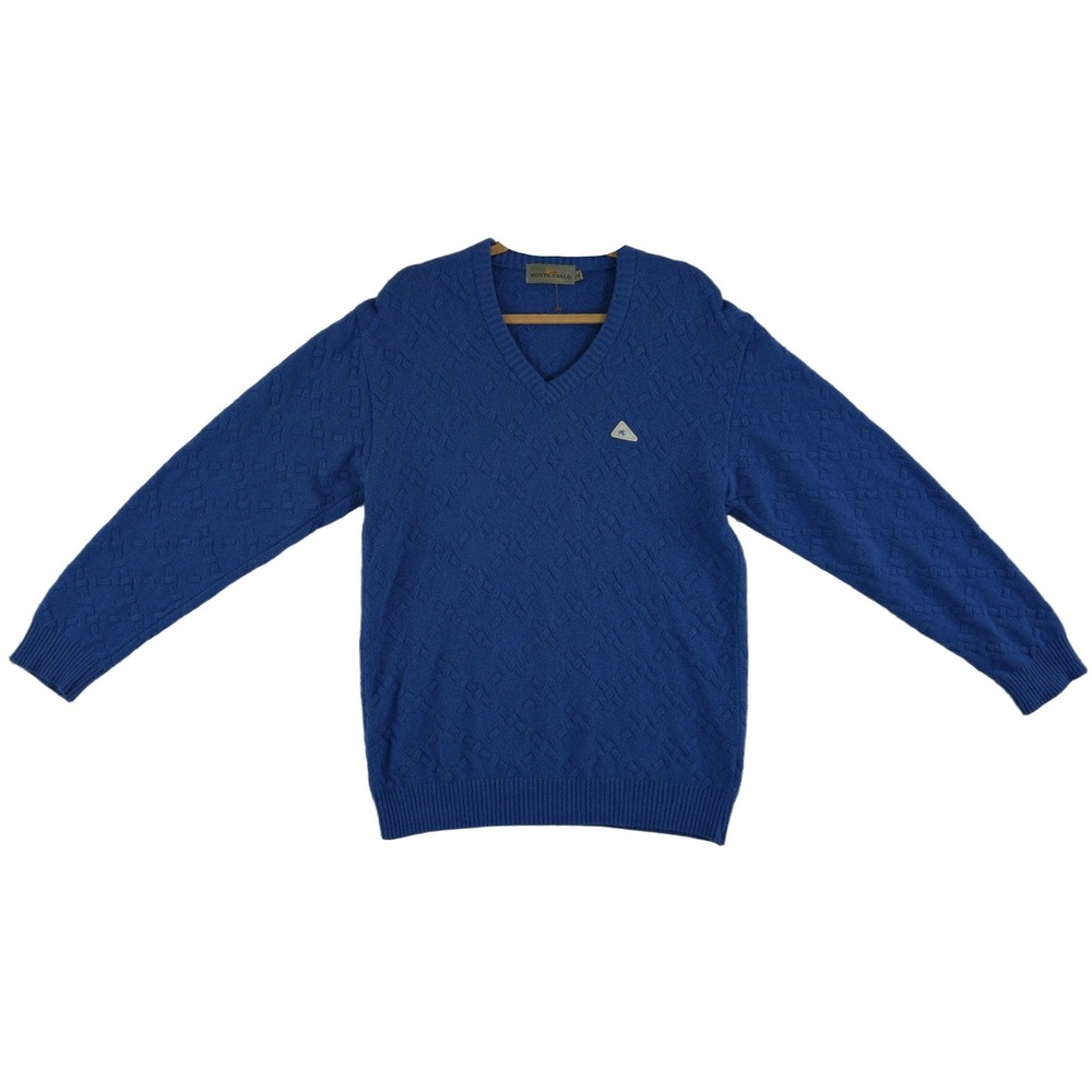 Monte Carlo 100% Lambswool Sweater Men's Size 42 Large Blue V Neck Vintage